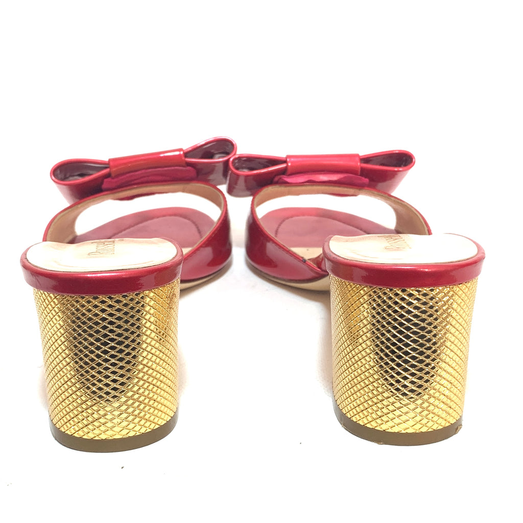 Russell & Bromley Red Patent Leather & Gold Block Heel Sandals | Gently Used |