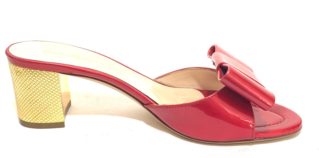 Russell & Bromley Red Patent Leather & Gold Block Heel Sandals | Gently Used |