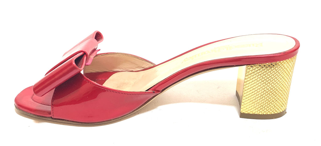 Russell & Bromley Red Patent Leather & Gold Block Heel Sandals | Gently Used |
