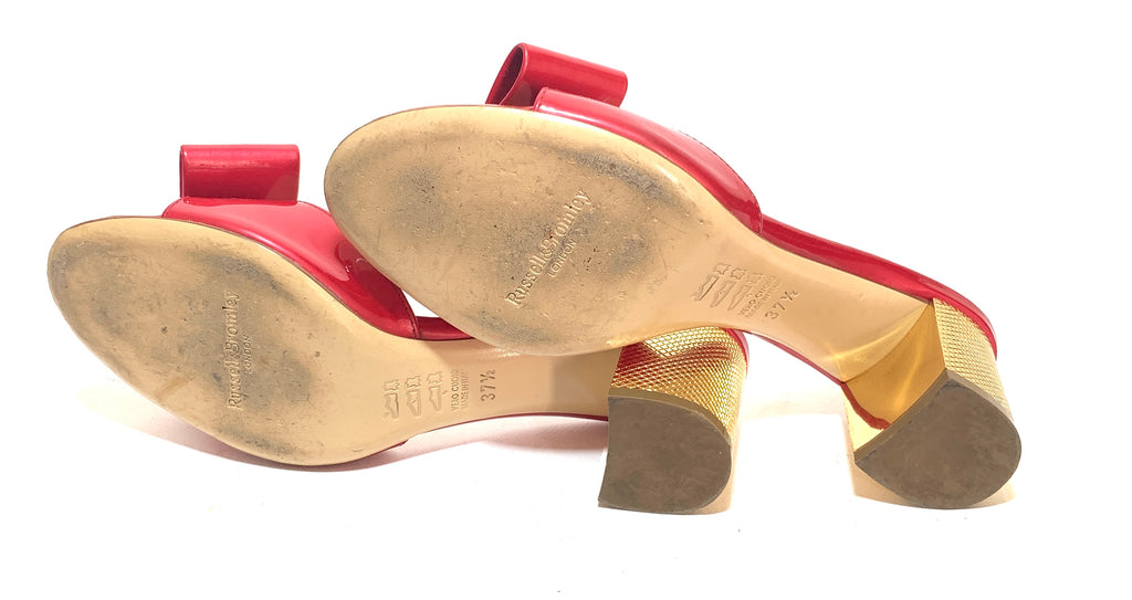Russell & Bromley Red Patent Leather & Gold Block Heel Sandals | Gently Used |