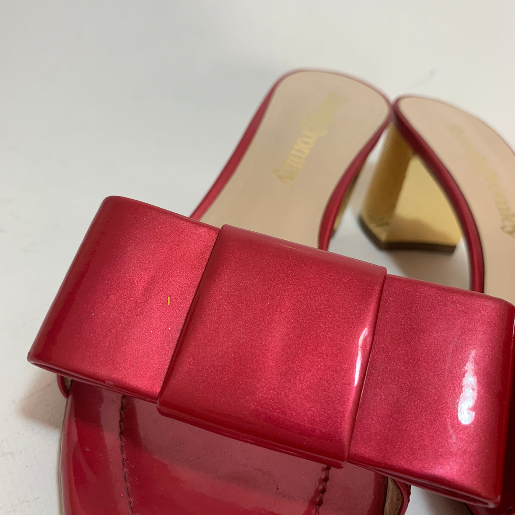 Russell & Bromley Red Patent Leather & Gold Block Heel Sandals | Gently Used |