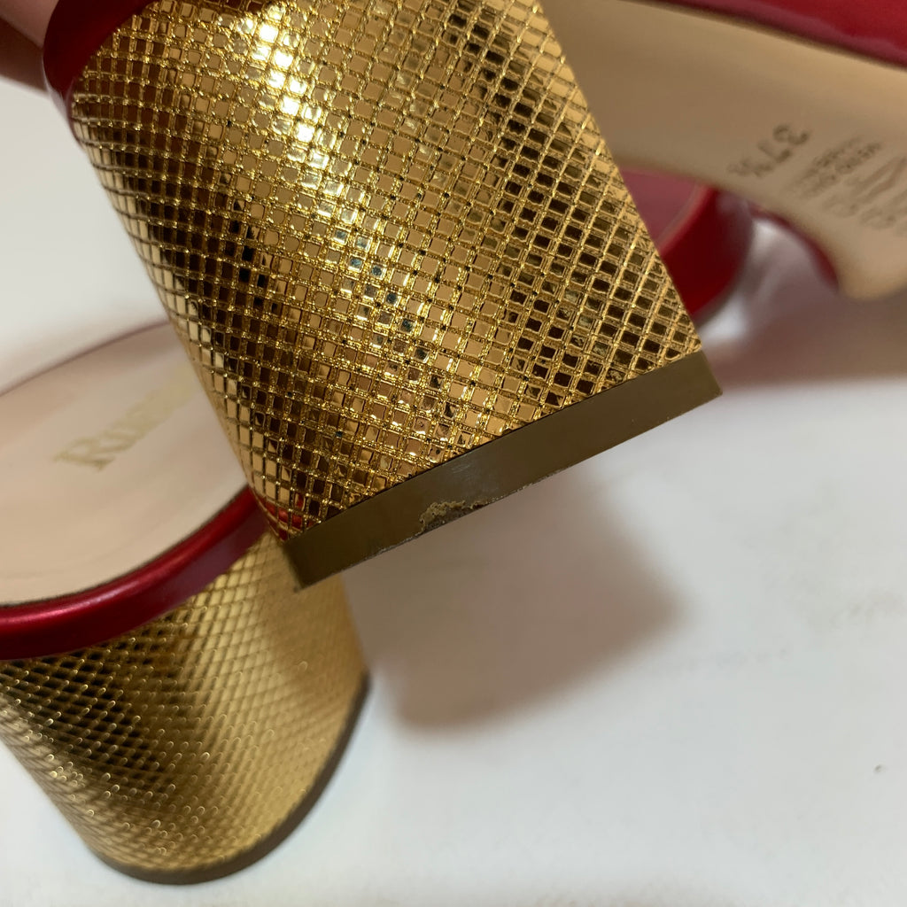 Russell & Bromley Red Patent Leather & Gold Block Heel Sandals | Gently Used |