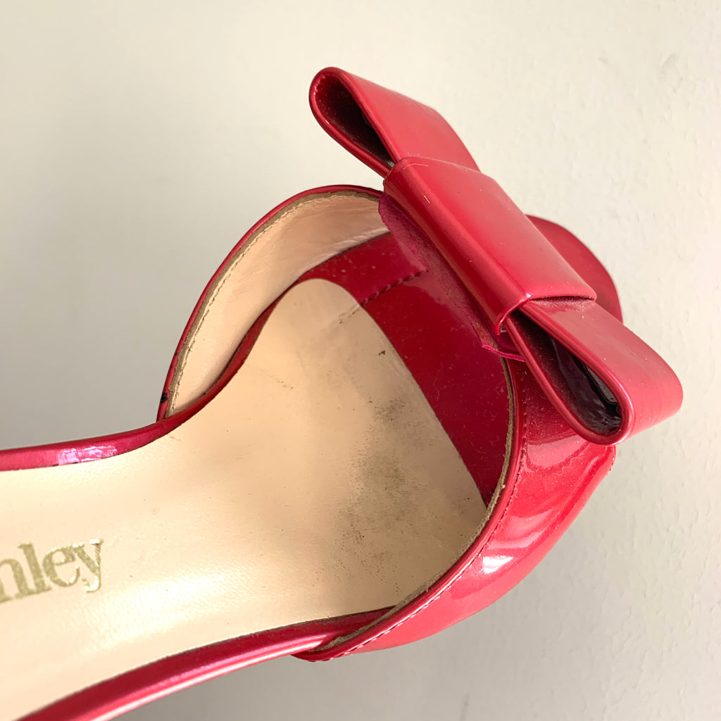 Russell & Bromley Red Patent Leather & Gold Block Heel Sandals | Gently Used |