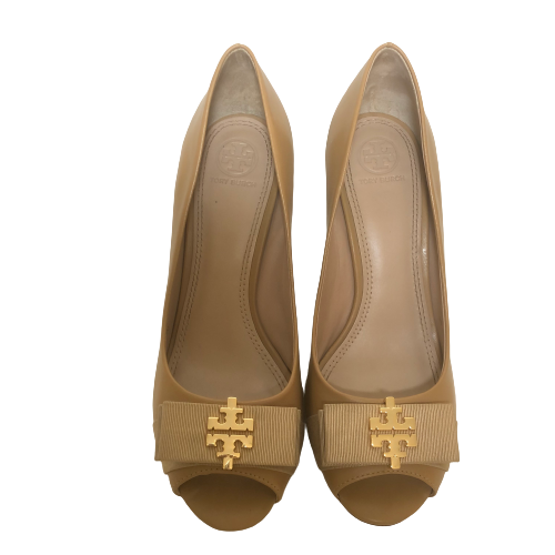 Tory Burch Sedgewick Sand Tone Leather Peep-toe Wedges | Pre Loved |