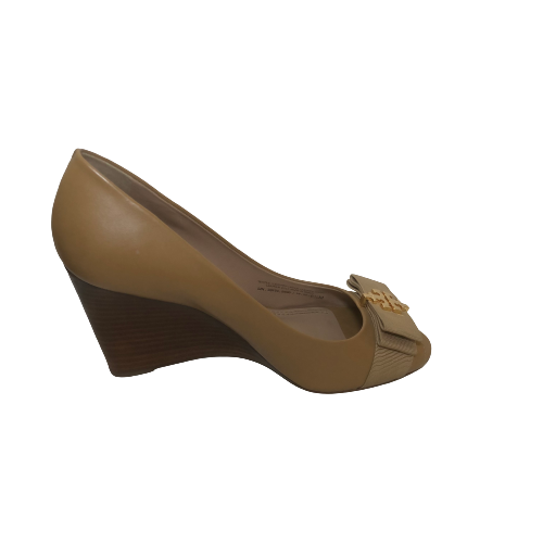 Tory Burch Sedgewick Sand Tone Leather Peep-toe Wedges | Pre Loved |