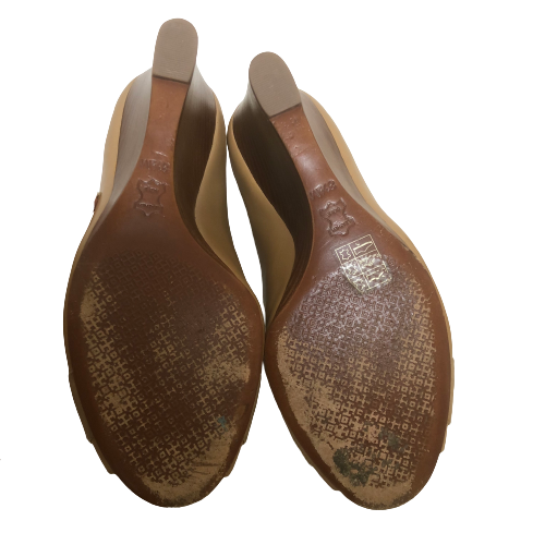Tory Burch Sedgewick Sand Tone Leather Peep-toe Wedges | Pre Loved |