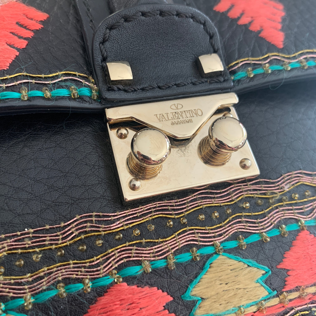 Valentino Black Leather Embroidered Multi-colour Glam Lock Flap Bag | Gently Used |