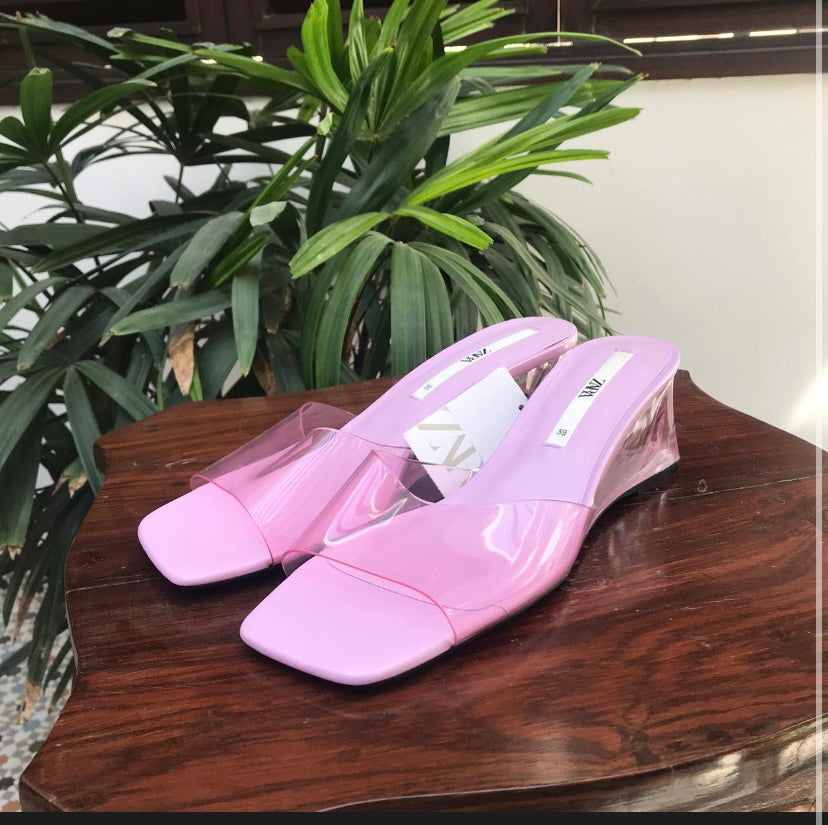 ZARA Pink Vinyl Wedge Slides | Brand New |