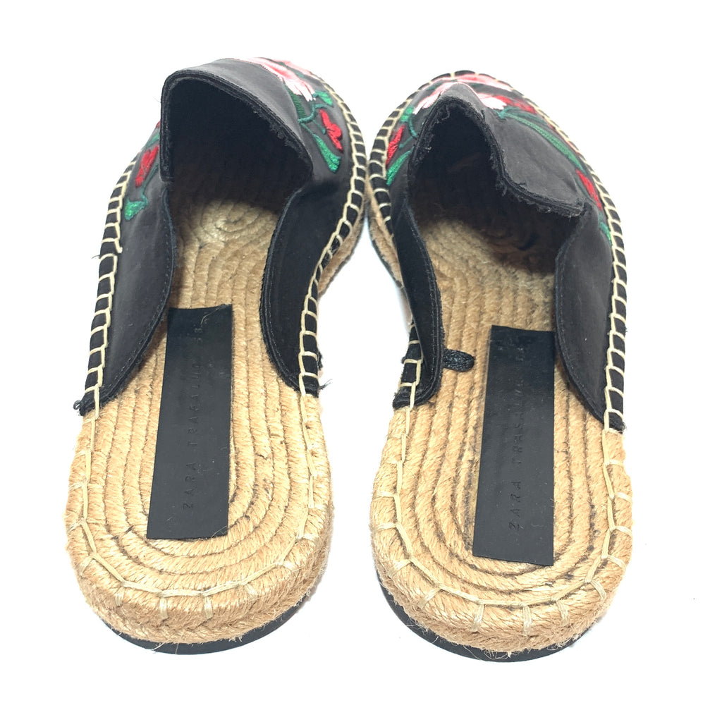 Zara Black Floral Embroidered Flat Mules | Like New |