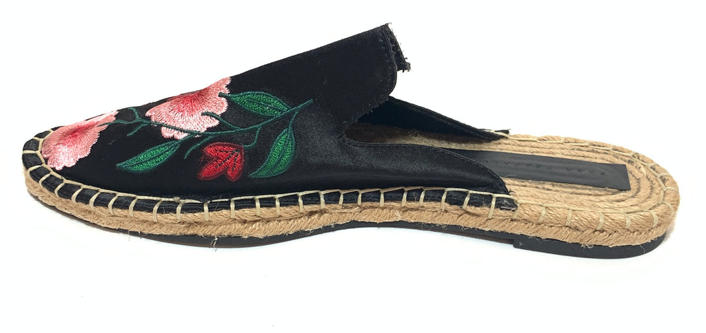 Zara Black Floral Embroidered Flat Mules | Like New |
