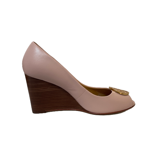 Tory Burch 'Benton' Sea Shell Pink Leather Peep-Toe Wedges | Like New |