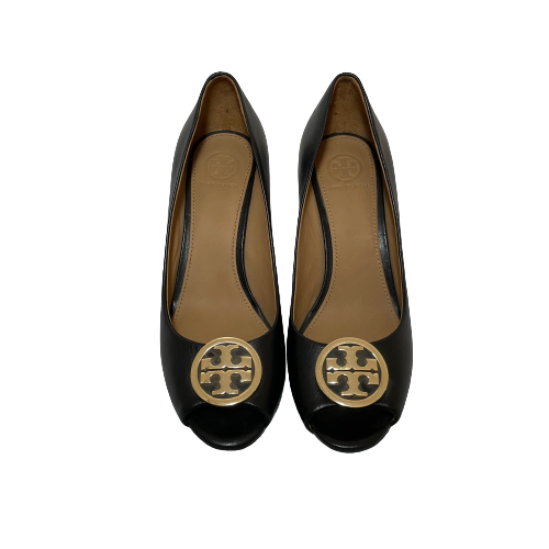 Tory Burch Black Leather Logo Peep-Toe Wedges | Gently Used |