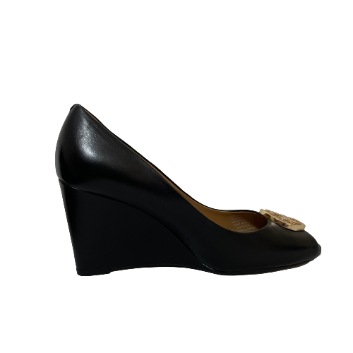 Tory Burch Black Leather Logo Peep-Toe Wedges | Gently Used |