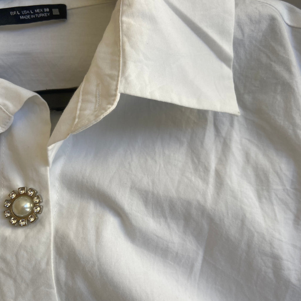 ZARA White Rhinestone Buttons Collared Shirt | Gently Used |