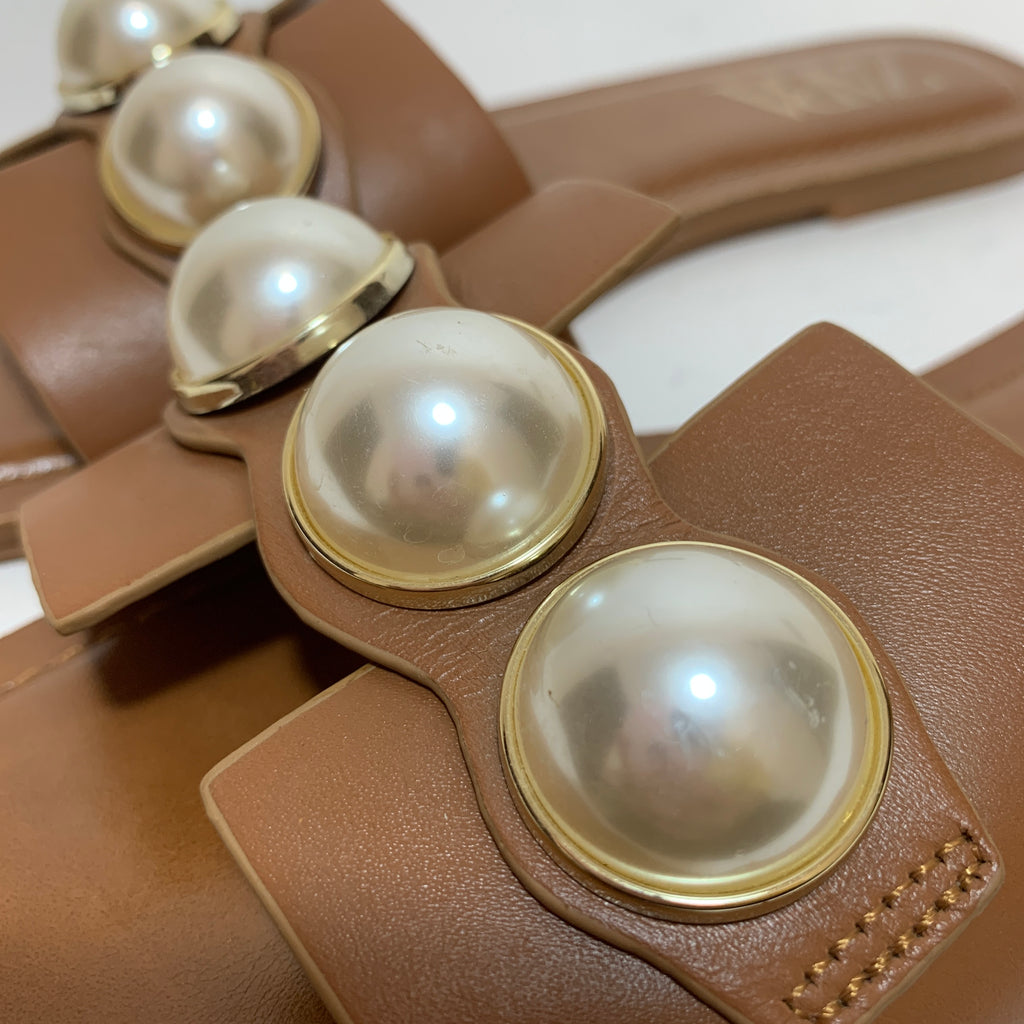 ZARA Tan Pearls Flat Slides | Gently Used |