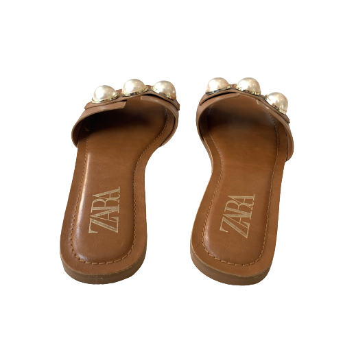 ZARA Tan Pearls Flat Slides | Gently Used |