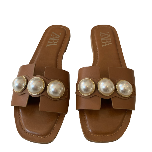ZARA Tan Pearls Flat Slides | Gently Used |