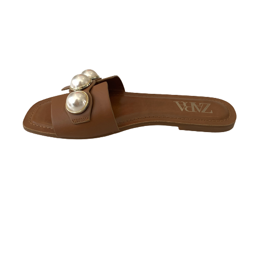 ZARA Tan Pearls Flat Slides | Gently Used |