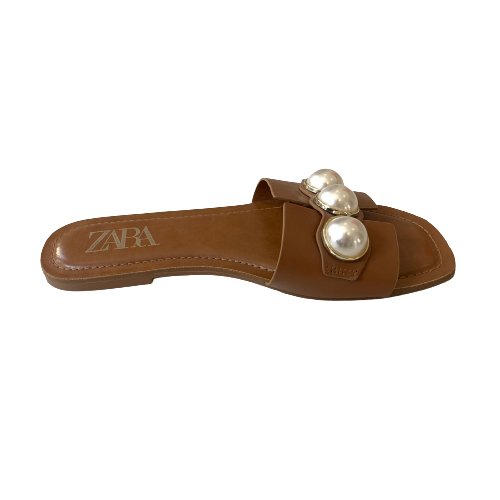 ZARA Tan Pearls Flat Slides | Gently Used |