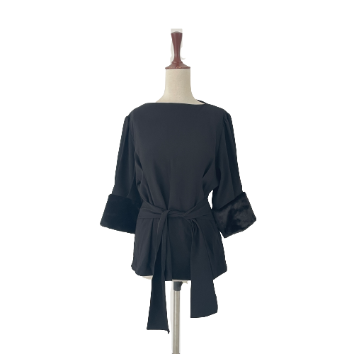 ZARA Black Fur Trim Sleeves Belted Top | Gently Used |