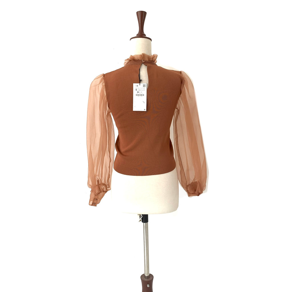 ZARA Brown Knit Net Sleeves Blouse | Brand New |