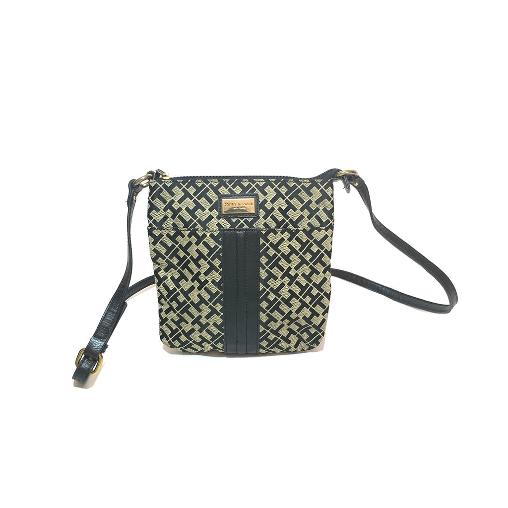 Tommy Hilfiger Black & Beige Monogram Canvas Cross-Body Bag | Gently Used |