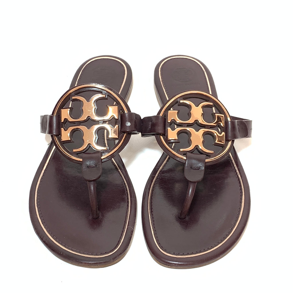 Tory Burch Oxblood 'Miller' Metal Logo Sandals | Gently Used |