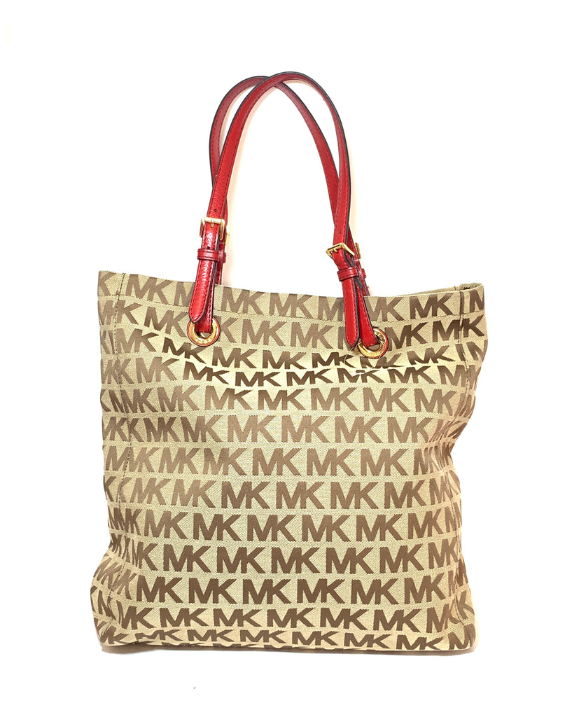 Michael Kors Monogram Canvas with Red Leather Straps Shoulder Bag | Gently Used |