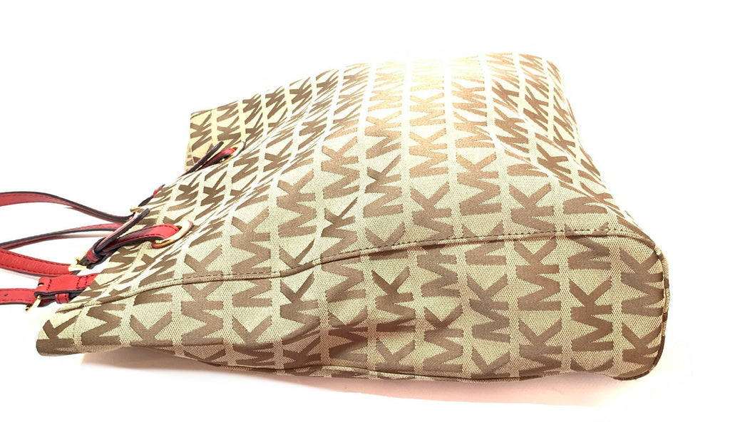 Michael Kors Monogram Canvas with Red Leather Straps Shoulder Bag | Gently Used |