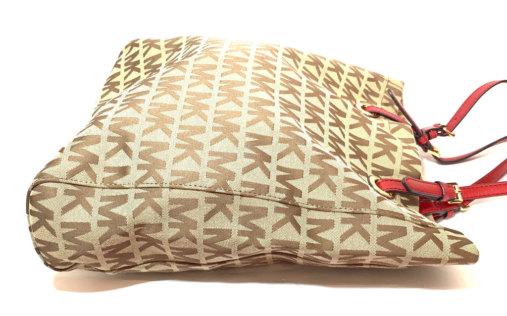 Michael Kors Monogram Canvas with Red Leather Straps Shoulder Bag | Gently Used |