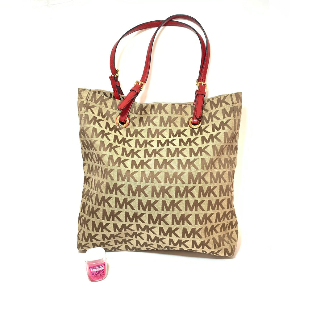 Michael Kors Monogram Canvas with Red Leather Straps Shoulder Bag | Gently Used |