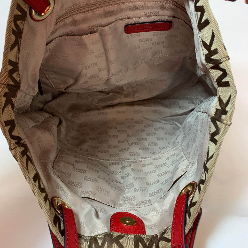 Michael Kors Monogram Canvas with Red Leather Straps Shoulder Bag | Gently Used |