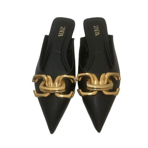ZARA Black Large Gold Buckle Mules | Gently Used |