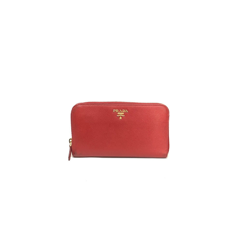 Prada Red Saffiano Leather Ziparound Wallet | Pre Loved |