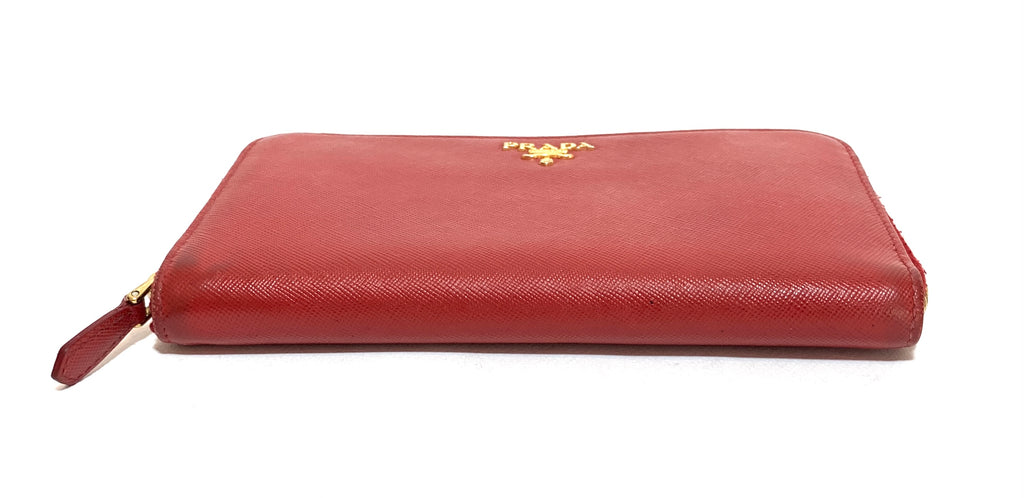 Prada Red Saffiano Leather Ziparound Wallet | Pre Loved |