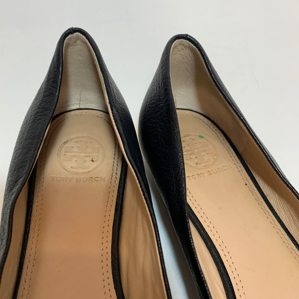 Tory Burch Black Leather Peep-toe Demi Wedges | Pre Loved |