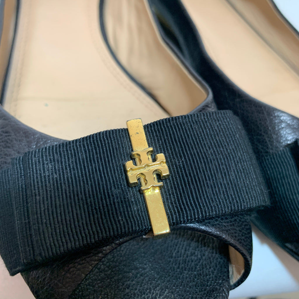 Tory Burch Black Leather Peep-toe Demi Wedges | Pre Loved |