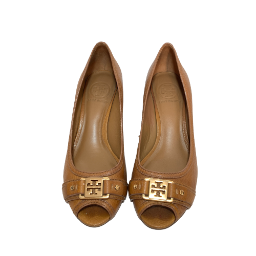 Tory Burch 'Carnell' Tan Leather Peep-toe Wedges | Pre Loved |