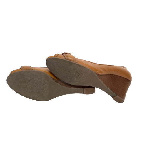 Tory Burch 'Carnell' Tan Leather Peep-toe Wedges | Pre Loved |