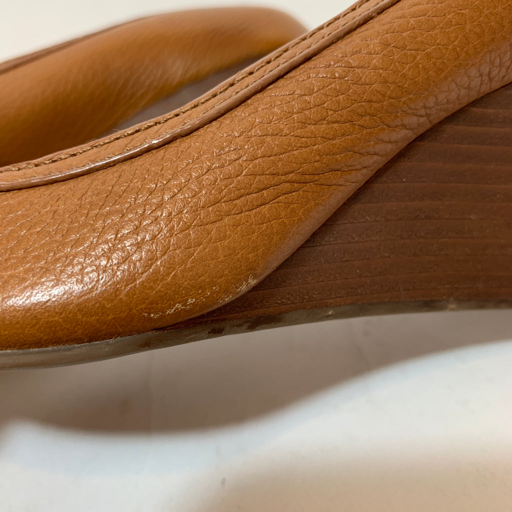 Tory Burch 'Carnell' Tan Leather Peep-toe Wedges | Pre Loved |