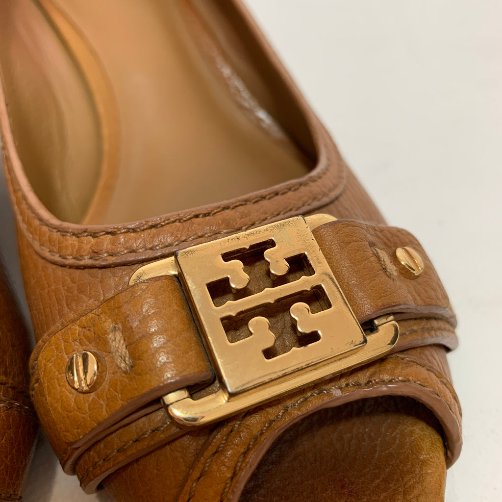 Tory Burch 'Carnell' Tan Leather Peep-toe Wedges | Pre Loved |
