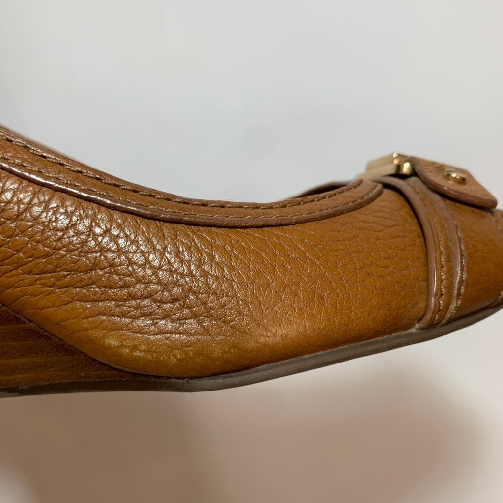 Tory Burch 'Carnell' Tan Leather Peep-toe Wedges | Pre Loved |