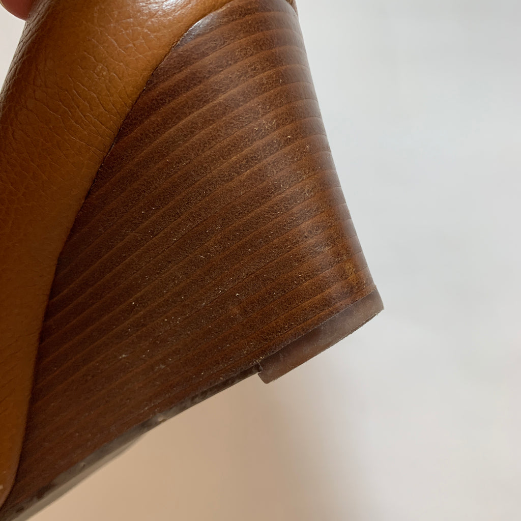 Tory Burch 'Carnell' Tan Leather Peep-toe Wedges | Pre Loved |