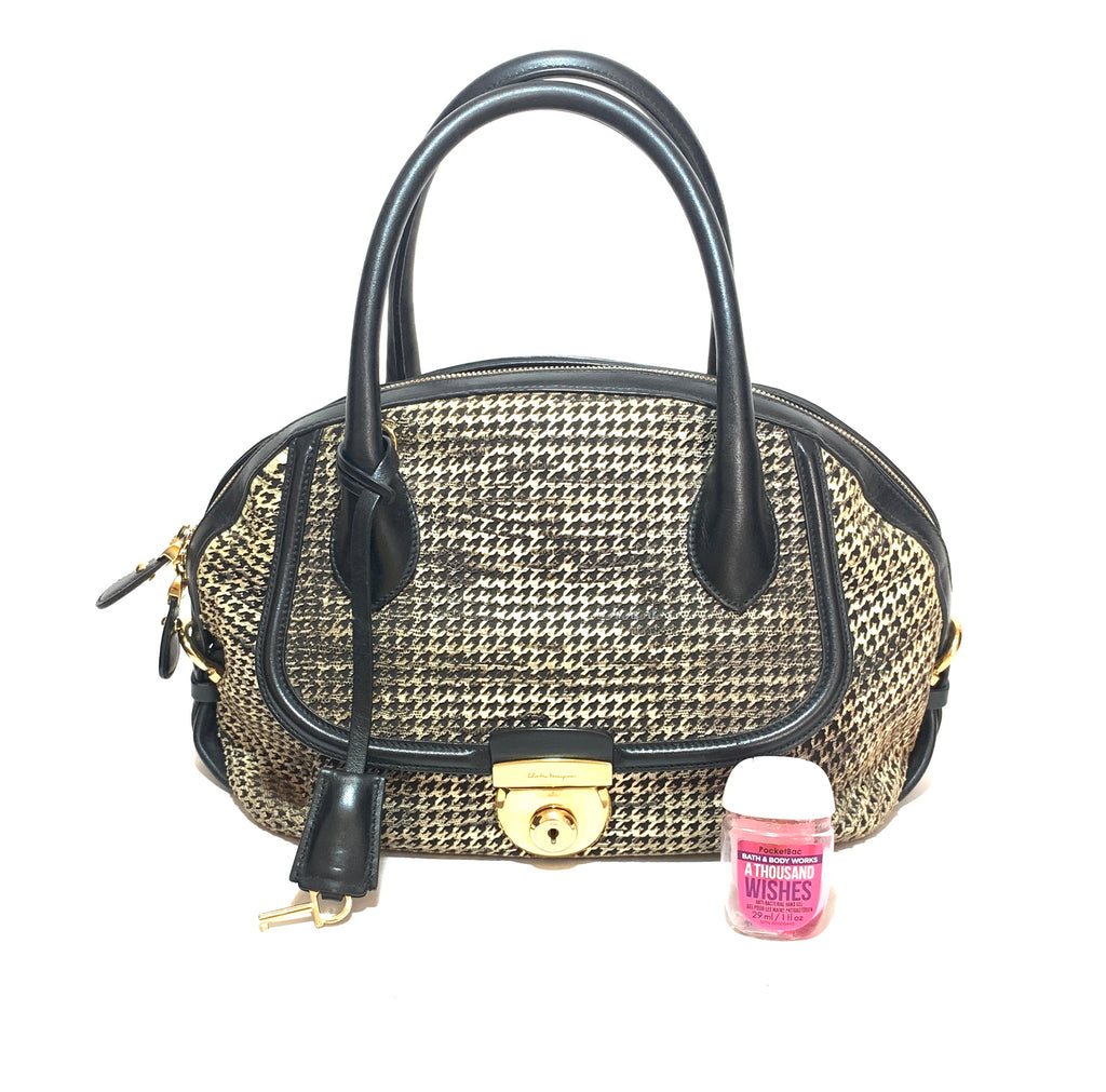 Salvatore Ferragamo Black Houndstooth Print Leather Tote | Pre Loved |