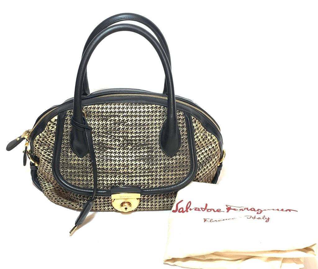 Salvatore Ferragamo Black Houndstooth Print Leather Tote | Pre Loved |