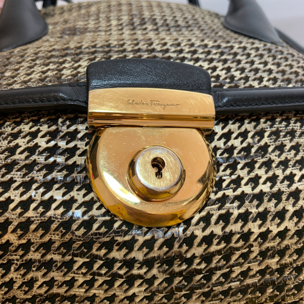 Salvatore Ferragamo Black Houndstooth Print Leather Tote | Pre Loved |