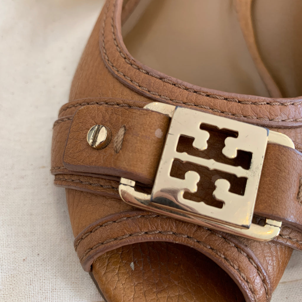 Tory Burch 'Carnell' Tan Leather Peep-toe Wedges | Pre Loved |
