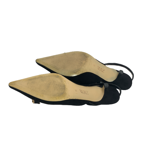 ZARA Black Suede & Gold Chain Pointed Kitten Heels | Pre Loved |