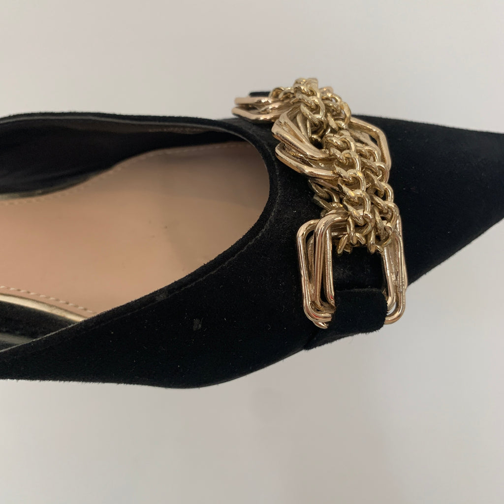 ZARA Black Suede & Gold Chain Pointed Kitten Heels | Pre Loved |