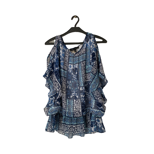 Sara Michelle Blue Printed Cold Shoulder Top
